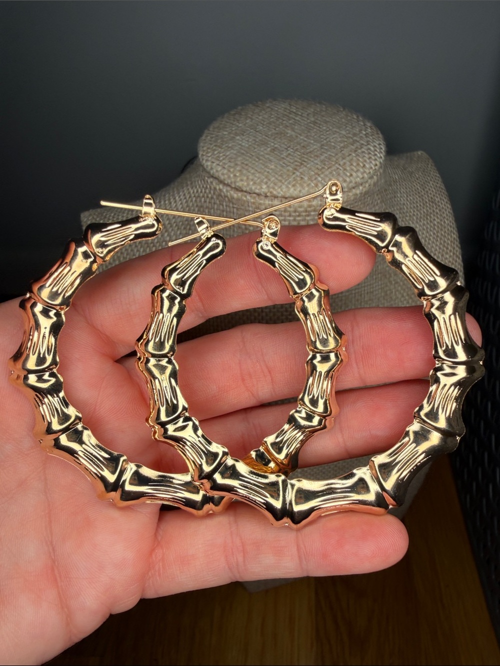 Gold Tone Bamboo-Texture Hoop Earrings - Women Jewelry